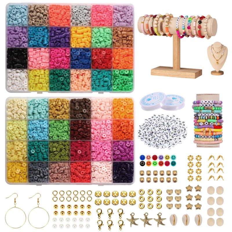 Photo 1 of 2 PACK Clay Beads 9020pcs 2 Boxes Bracelet Making Kit, 48 Colors Polymer Clay Beads with 300 Letter Beads for Bracelets Beads Kit, Jewelry Making kit with Gift Pack, Heishi Disc Beads Bracelet Kit