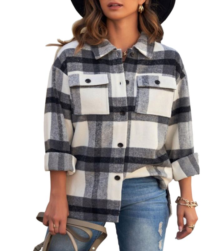 Photo 1 of Plus Size Flannel Shirts for Women, Plaid Shacket Jacket Long Sleeve Button Down Shirts XX-Large Black