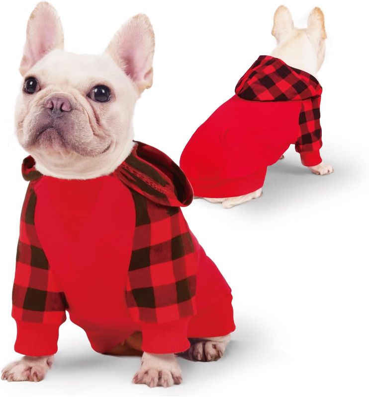 Photo 1 of Joyahoo Small Dog Hoodie, 100% Cotton Buffalo Plaid Dog Clothes for Dog Girl Boy, French Bulldog Puppy Dog Clothes Frenchie Pet Winter Clothes Sweatshirt, Cold Weather Dog Hoodies Puppy Clothing