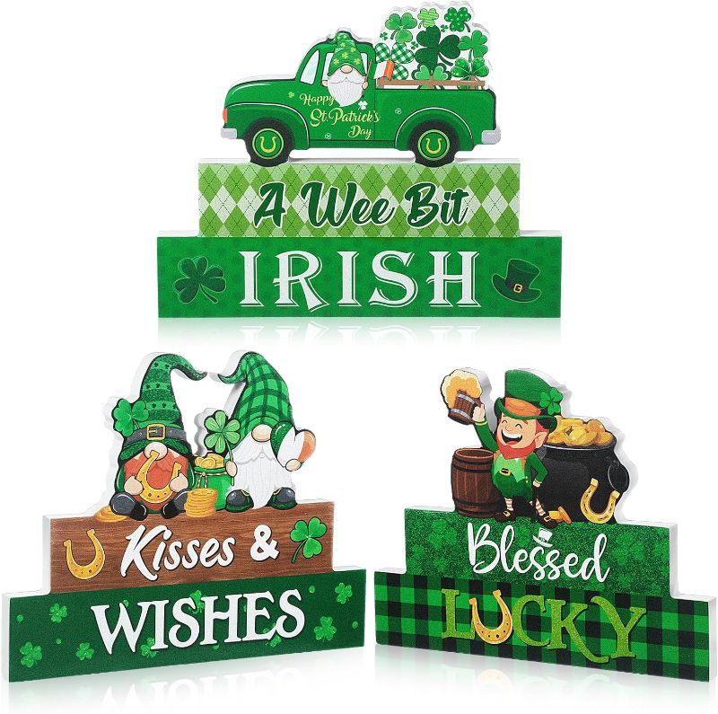 Photo 1 of  * BUNDLE OF TWO, NON REFUNDABLE * Capoda 3 Pcs St. Patrick's Day Table Sign Decoration Wooden St. Patrick's Day Table Centerpiece Signs Irish Tabletop Sign Farmhouse Shamrock Gnome Truck for St Patrick's Day Home Decor
