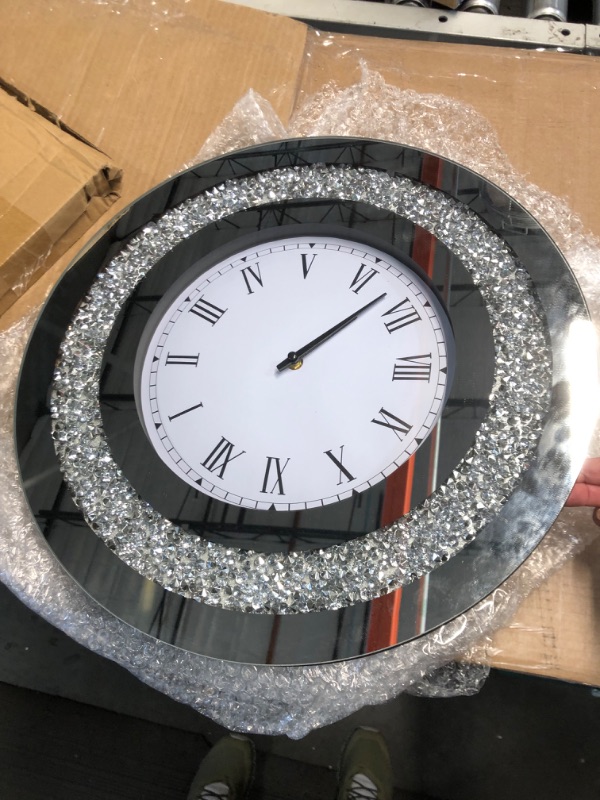 Photo 2 of Laumoi Silver Round Mirror Clock Crystal Crush Diamond Mirrored Sparkle Twinkle Bling Diamond Decor Large Wall Clock Decoration for Glam Room Decor Glass Mirror Home Decor, ***AA Battery Not Included***