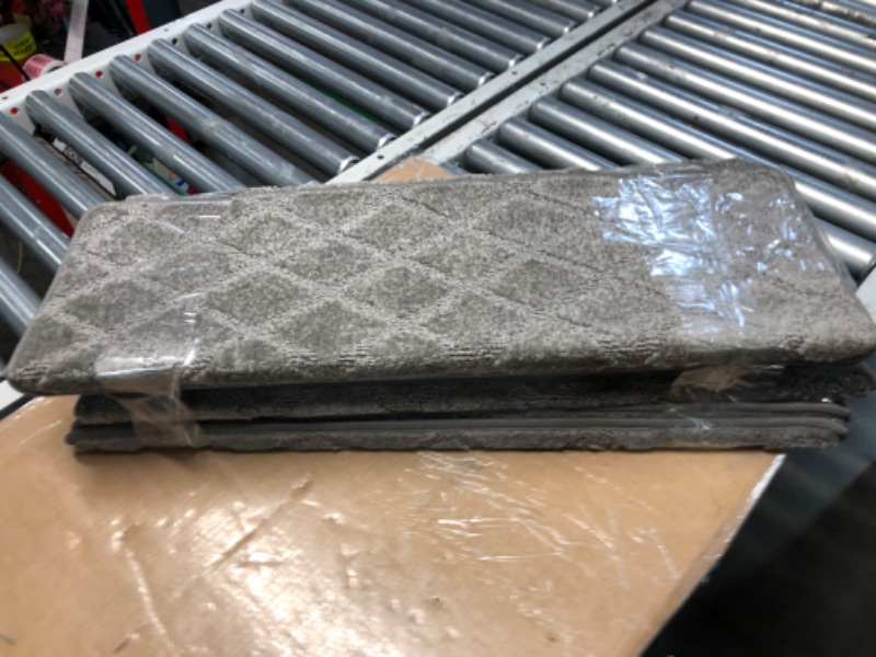 Photo 1 of MBIGM Bullnose Non-Slip Stair Treads with Reusable Adhesive (14 Pack) 9.5" x 30" Wooden Steps Protection -TPU Backing with Steel Reinforcement - Anti-Slip Solution - Diamond, Dark Grey 9.5" x 30" Dark Grey - Diamond 14