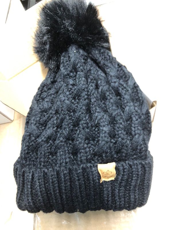 Photo 2 of PAGE ONE Womens Winter Ribbed Beanie Crossed Cap Chunky Cable Knit Pompom Soft Warm Hat Black