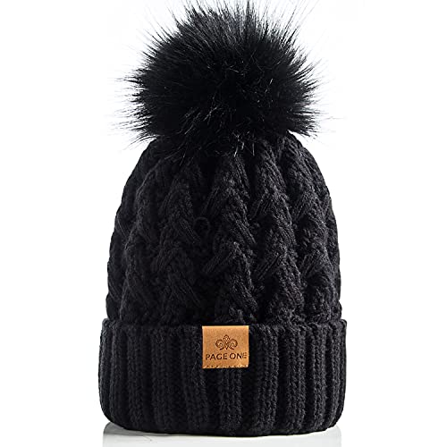 Photo 1 of PAGE ONE Womens Winter Ribbed Beanie Crossed Cap Chunky Cable Knit Pompom Soft Warm Hat Black