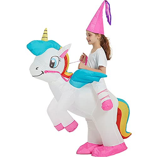 Photo 1 of Inflatable Unicorn Costume Riding On Unicorn Air Blow up Funny Halloween Costume for Kids 7-10 Yrs