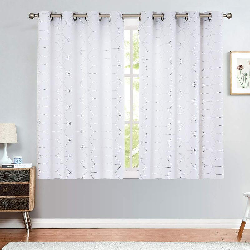 Photo 4 of (NON-REFUNDABLE) Vangao White Curtains 63 Inches Length 2 Panels for Living Room Bedroom Silver Diamond Foil Print Light Filtering Grommet Top Window Drapes 63"L x 52"W

