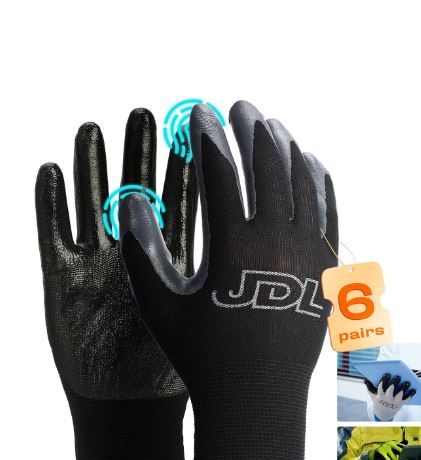 Photo 1 of JDL Safety Work Gloves with Nitrile Coating-Waterproof Palm; Touchscreen Compatible, Black (pack of 6)