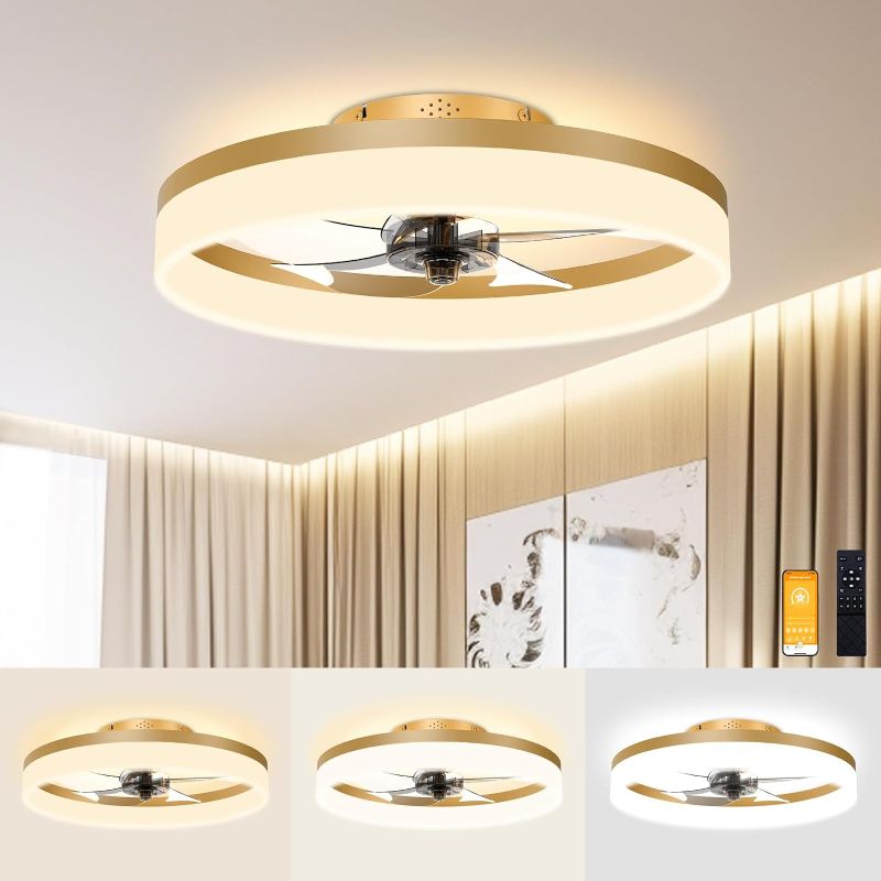 Photo 1 of ***USED - LIKELY MISSING PARTS - UNABLE TO VERIFY FUNCTIONALITY***
VOLISUN Low Profile Ceiling Fans with Lights and Remote, 19.7in Fandelier Ceiling Fan Flush Mount, 3000K-6500K Smart Bladeless LED Fan Light, Gold Modern Ceiling Fans with Lights for Bedro