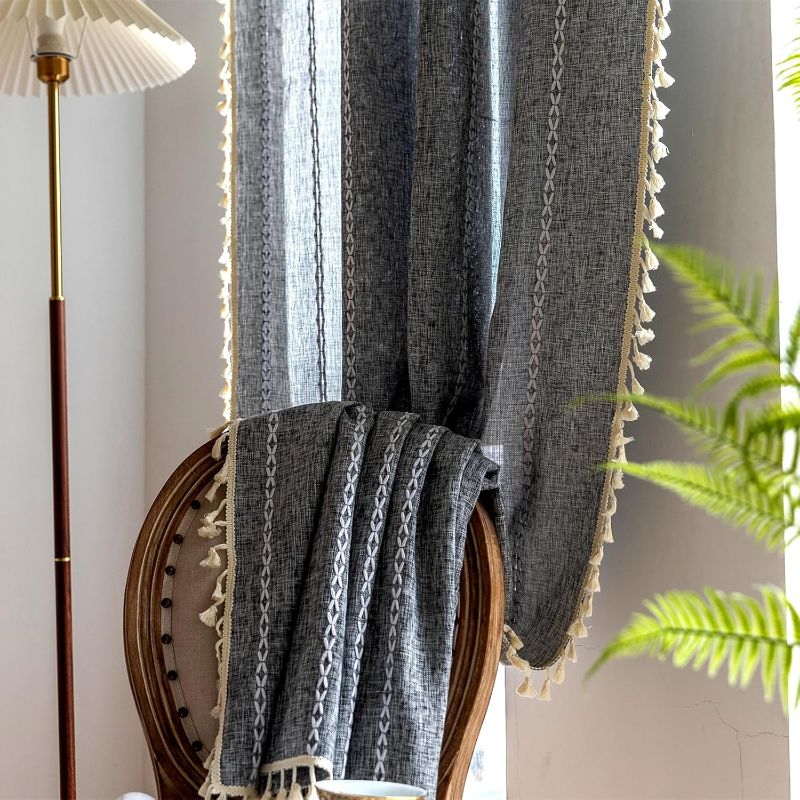 Photo 1 of Deeprove Grey Boho Curtains 84 inches Length for Bedroom Living Room, Silver Gray Bohemian 84 inches Long Embroidery Farmhouse Light Filter Privacy Style Tassel Window Treatments, W52 x L84, 1 Panel