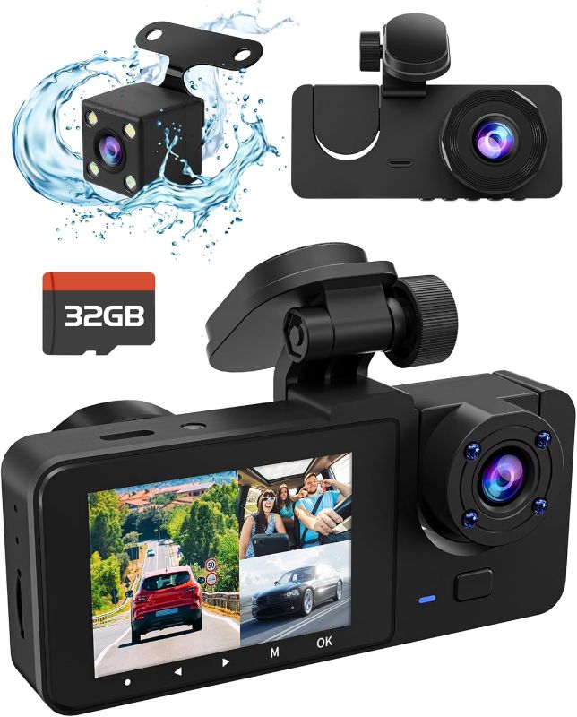 Photo 1 of 3 Channel Dash Cam Front Rear, 4K Full UHD Dash Camera for Cars, Triple Car Camera with 32GB Card,Built-in 2.0'' IPS Screen, Night Vision, 170°Wide Angle, WDR, 24H Parking Mode, Loop Recording