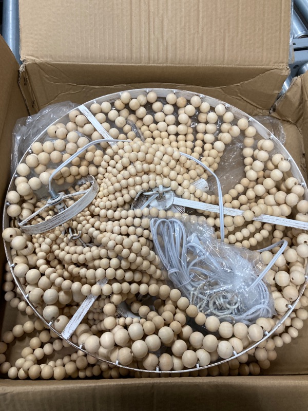Photo 1 of 6-Light Wood Beaded Bohemian Plug in Chandelier Dimmable and Timer 18" D Pendant Light Fixture with 16.4ft Swag Cord,Antique Metal Finish Natural Color Beads,Dining Room,Living Room,Foyer,Bedroom