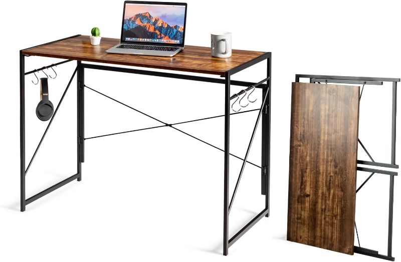 Photo 1 of **see notes**
COSTWAY Folding Desk 100 x 50 cm with 6 Hooks and Metal Frame, Space Saving Computer Desk, Industrial Work Table for Home and Office, Max Load 115 kg ((MIGHT LOOK THE SAME )) 
