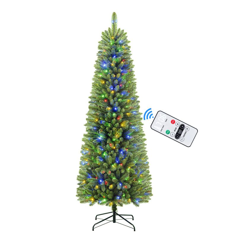 Photo 1 of 6.5ft Pre- Artificial Christmas Tree, Hinged Slim Pencil Xmas Tree w/ 240 Warm White & Multi-Color Lights, Green