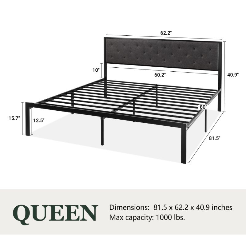 Photo 3 of Amolife Queen Size Metal Bed Frame with Upholstered Headboard, Dark Grey