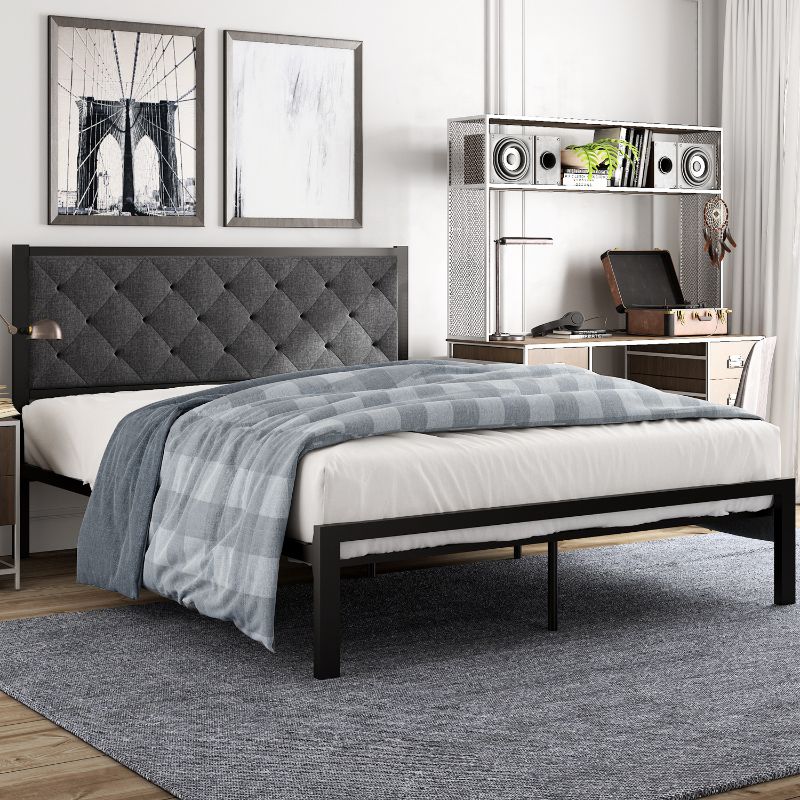 Photo 1 of Amolife Queen Size Metal Bed Frame with Upholstered Headboard, Dark Grey