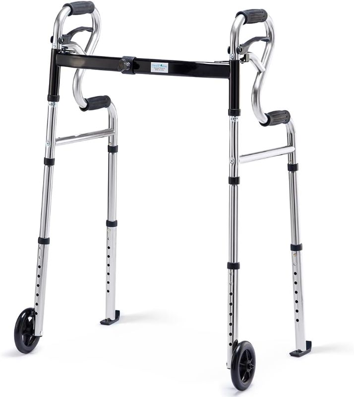 Photo 1 of 3 in 1 Folding Walker with 5" Front Wheels, Width Adjustable Compact Standard Walker Support Up to 350lbs, Quick Folding 2 Wheels Walker for Seniors, Adults Sliver