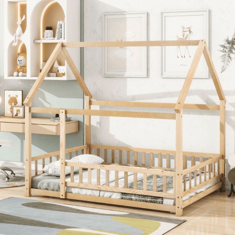 Photo 1 of ***FACTORY SEALED*** Full Size Floor Bed with Fence for Kids and Toddlers, Montessori Bed Playhouse Bed with Roof, Solid Wood Platform Bed Frame for Boys and Girls Bedroom, No Slats Included (Natural, Full Size)