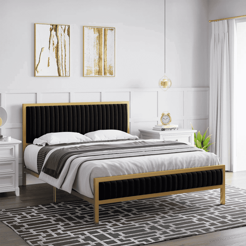 Photo 1 of Homfa Full Size Metal Bed Frame, Upholstered Platform Bed Frame with Velvet Tufted Headboard, Gold & Black