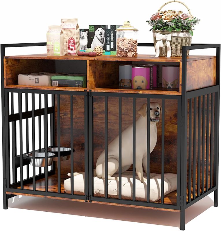 Photo 1 of 42 Inch Dog Crate Furniture, Large Dog Crate for XXL/XL up to 80 lb Dogs, 360° & Adjustable Raised Feeder Heavy Duty Dog Crate with Drawers Storage Furniture Indoor, Brown