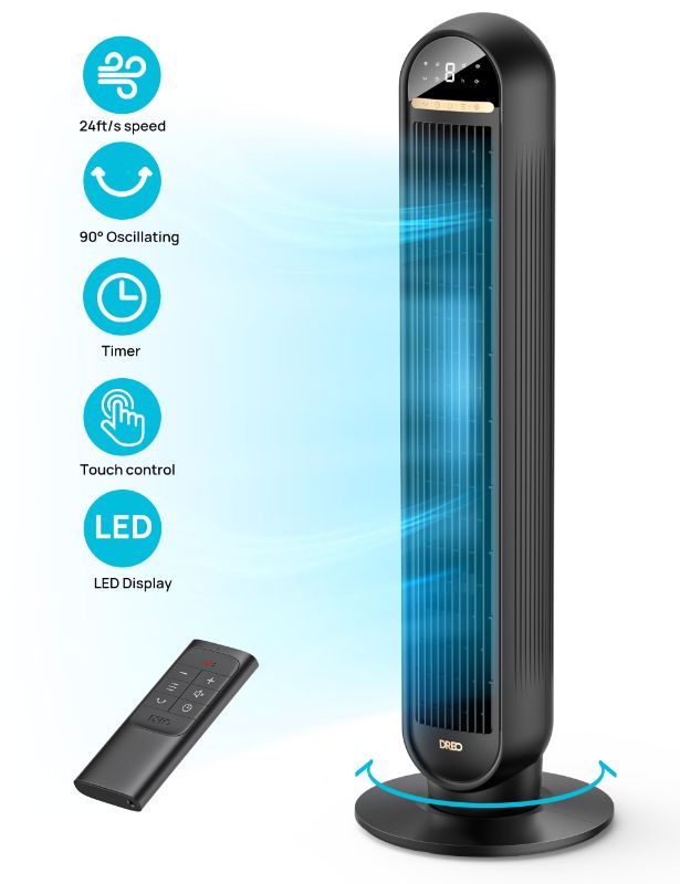 Photo 1 of ***FACTORY PACKED*** Dreo Tower Fans for Home, 36" Standing Floor Fan with Remote, 90° Oscillating Fan, 24 ft/s High Velocity, LED Display, 4 Speeds, 4 Modes, 8H Timer, Quiet Bedroom Fan