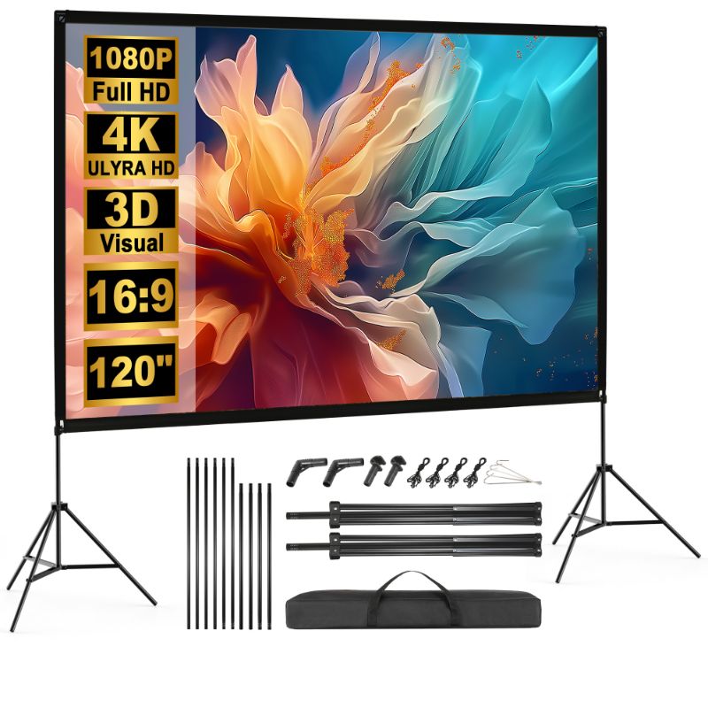 Photo 1 of 120" Projector Screen with Stand, Foldable Portable Movie Screen with Carry Bag, 16:9 HD 4K Wrinkle-Free, Projector Movies Screen for Home Theater,