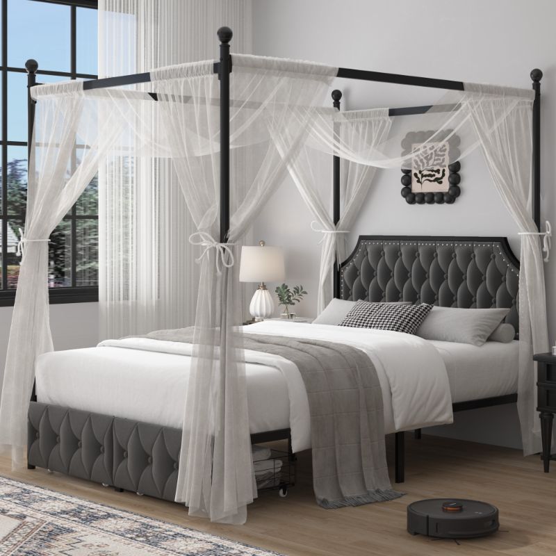 Photo 1 of ***FACTORY SEALED*** Homfa Full Upholstered Canopy Bed Frame with Drawer, Modern Platform Bed with Button Tufted Headboard, Canopy Bed Curtain Not Included, Dark Gray