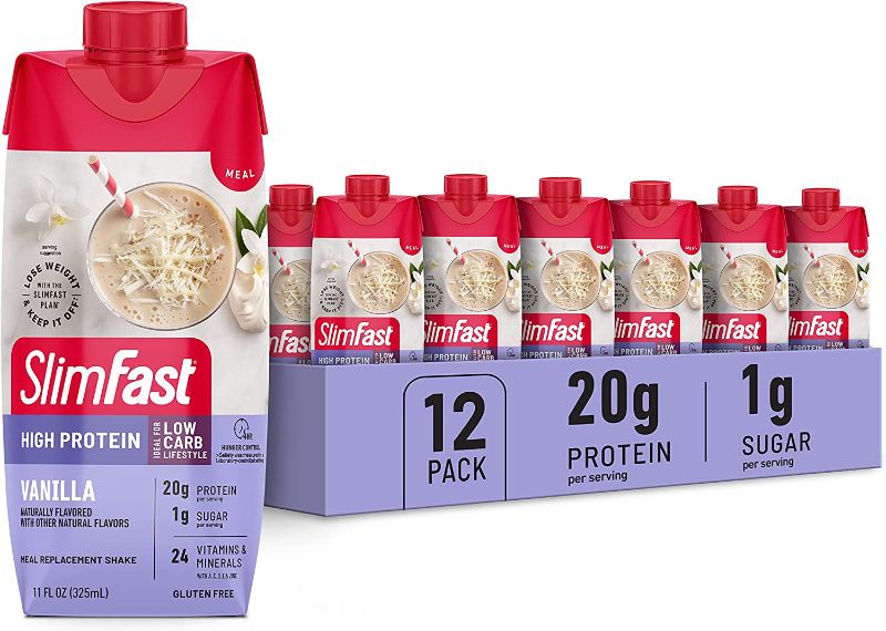 Photo 1 of ***EXP DATE 04/29/2025*** SlimFast Protein Shake, Vanilla- 20g Protein, Meal Replacement Shake Ready to Drink, High Protein with Low Carb and Low Sugar, 24 Vitamins and Minerals, 12 Count (Pack of 1)