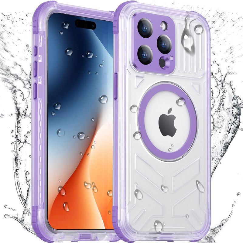 Photo 1 of 2024 Upgrade for iPhone 15 Case Waterproof,[Compatible With MagSafe][Built-in Screen&Camera Protector][Full Body Dropproof][IP68 Underwater][Clear Sound]Shockproof Phone Case 6.7" Purple/Clear
