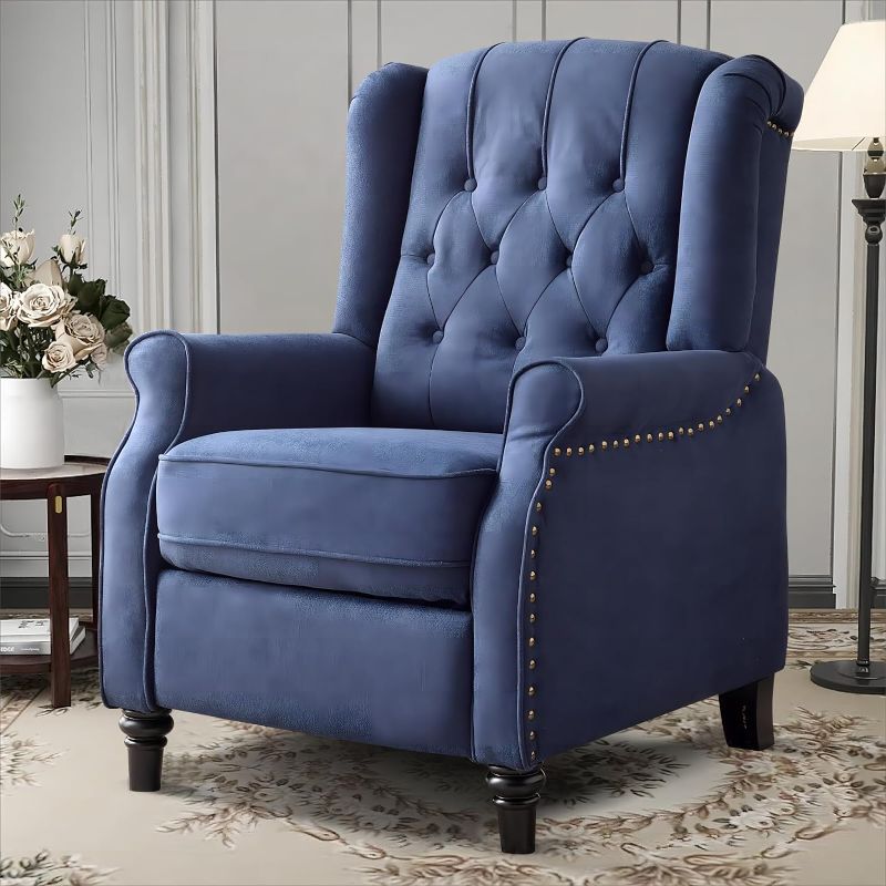 Photo 1 of ** see notes ** Dark Blue Recliner Chair for Sleeping | Fabric | Pushback, Rivet Decoration | Armchair, Single Sofa, Accent Chair | Living Room, Bedroom
