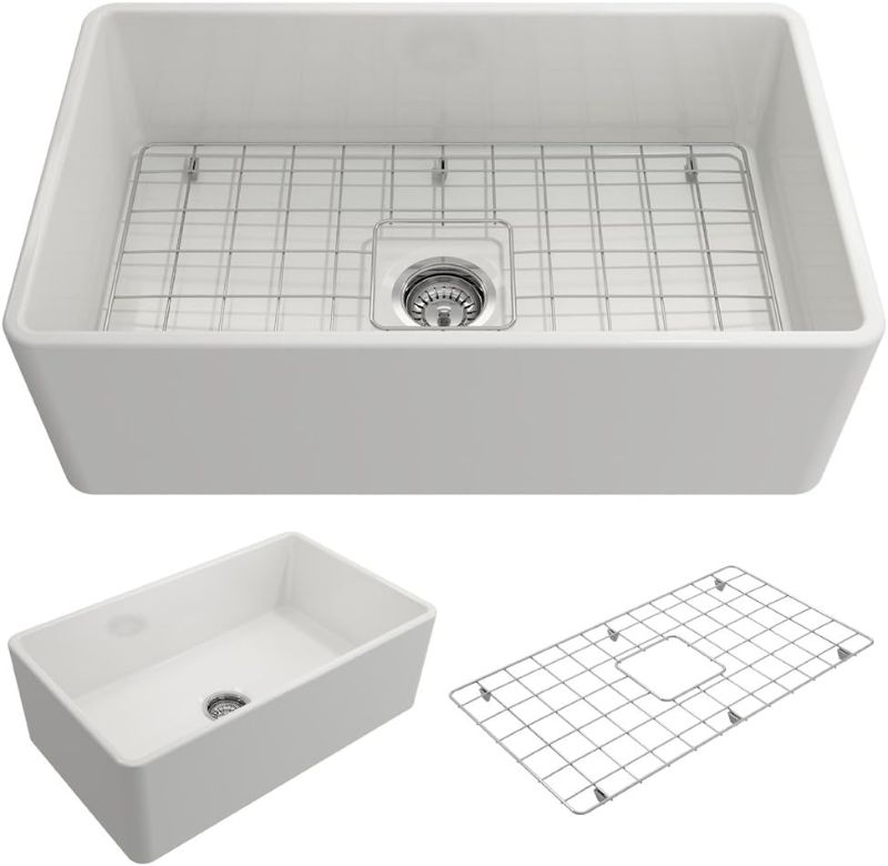 Photo 1 of BOCCHI Classico Farmhouse Apron Front Fireclay 30 in. Single Bowl Kitchen Sink with Protective Bottom Grid and Strainer in White
