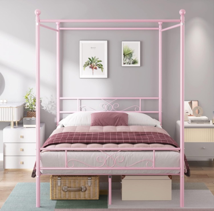 Photo 1 of ***read comments* Weehom Full Canopy Bed Frame with Headboard and Footboard, 4 Posters Metal Bed Frame, No Box Spring Needed, Mattress Foundation Platform Bed for Kids and Adults, Pink