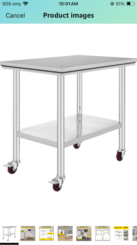 Photo 1 of VEVOR Stainless Steel Work Table 36x24 Inch with 4 Wheels, Casters Heavy Duty Food Prep Worktable for Commercial Kitchen Restaurant, Silver