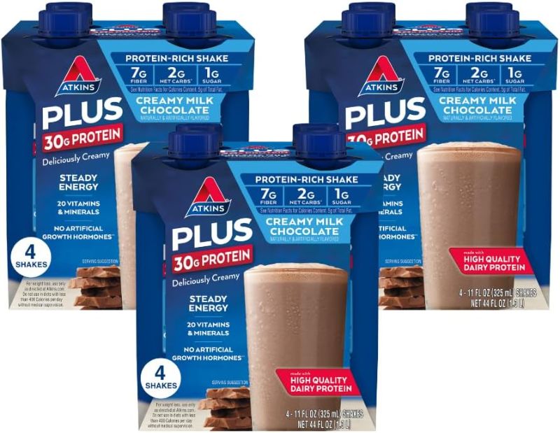 Photo 1 of Atkins Creamy Milk Chocolate PLUS Protein Shake, 30g Protein, 7g Fiber, 2g Net Carb, 1g Sugar, Keto Friendly, Low Carb, High Protein Drink, 12 Count
