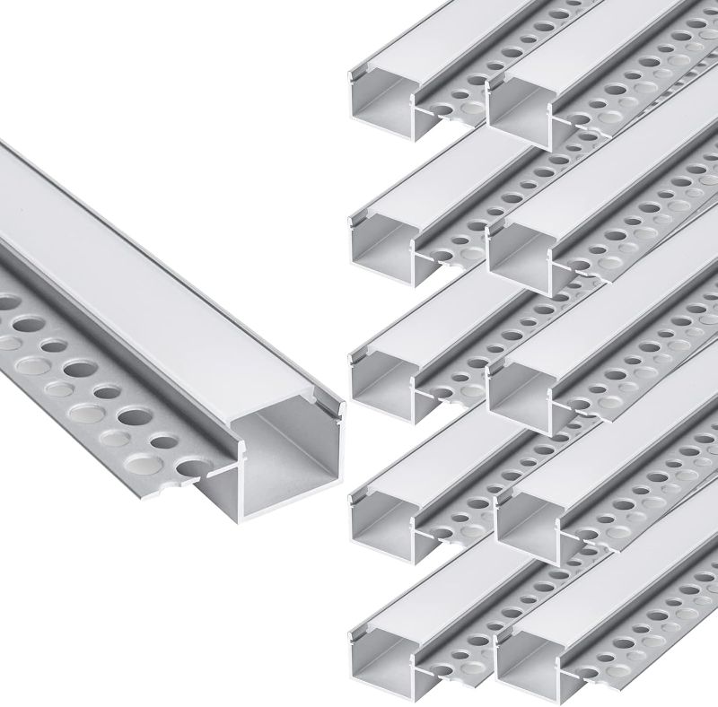 Photo 1 of 10-Pack6.6ft/2Meter Drywall LED Aluminum Channel System with Milky Cover, End Caps and Mounting Clips, Aluminum Profile for LED Strip Light Installations (Single-Edge-6.6ft, 10)