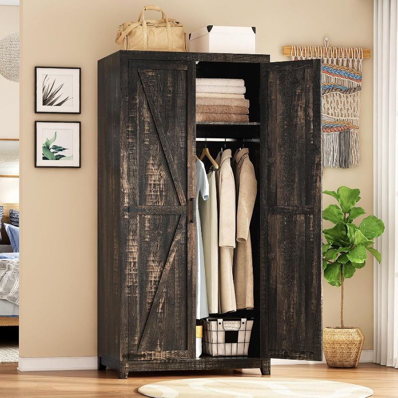 Photo 1 of 70" Large Armoire Wardrobe Closet with Hanging Rod, Farmhouse Clothing Storage Cabinet with 2 Barn Doors, Wooden Tall Bedroom Armoires with Shelf, Dark Oak Wood