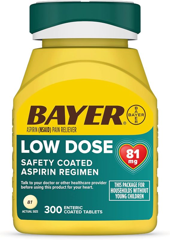 Photo 1 of Bayer Aspirin Low Dose 81 mg, Enteric Coated Tablets, Doctor Recommended, Secondary Prevention of Cardiovascular Disease, 300 Safety Coated Tablets
