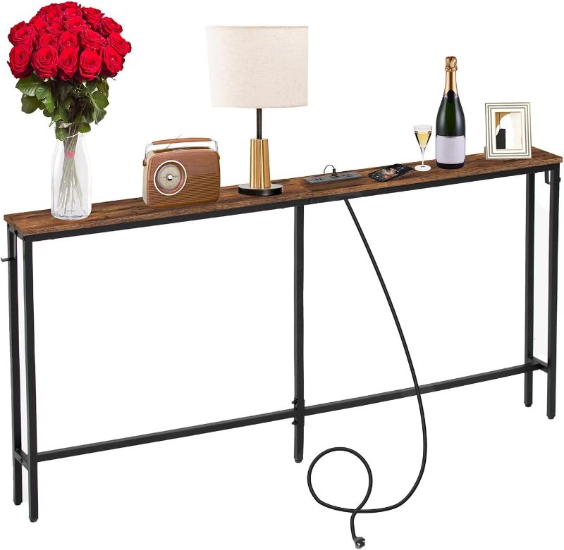 Photo 1 of 63 Inch Console Table with Power Outlet,Modern Narrow Long Sofa Table Behind Couch,Skinny Entry Table with Black Metal Frame for Entryway,Living Room, Hallway,3D Oak