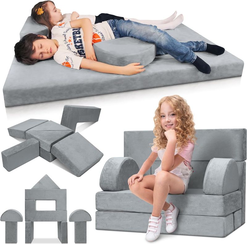 Photo 1 of *MISSING A LOT OF PARTS*Lunix LX22 11pcs Modular Kids Play Couch, Child Sectional Sofa, Fortplay Bedroom and Playroom Furniture for Toddlers, Convertible Foam and Floor Cushion for Boys and Girls, Gray