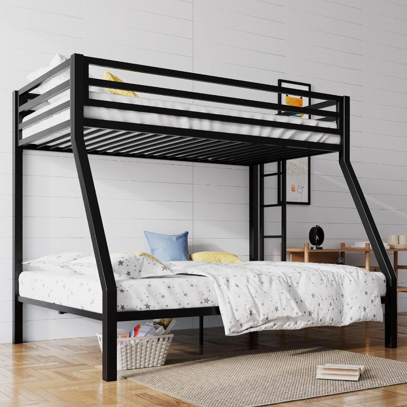 Photo 1 of *UNKNOWN WHAT SIZE*SHA CERLIN Metal Bunk Bed Twin Over Full Size with Removable Stairs, Heavy Duty Sturdy Frame with 12" Under-Bed Storage for Teen & Adults, Teens, No Box Spring Needed, Black
