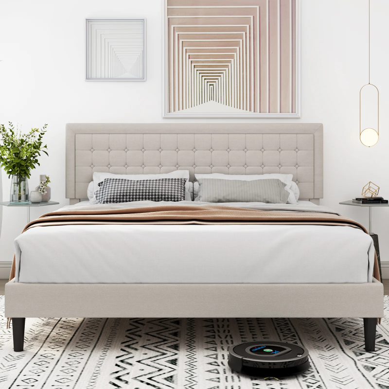 Photo 1 of Homfa King Size Bed Frame, Modern Platform Bed Frames with Adjustable Button Tufted Upholstered Headboard, Wood Slat Support, Beige
