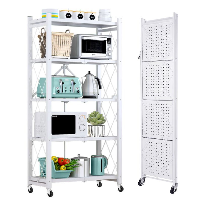 Photo 1 of COOKCOK 5-Tier Storage Shelving Unit, Metal Shelf 27.9"x13.4"x62.5, Foldable Storage Shelf with Wheels, Garage Shelf, Metal Storage Rack, Kitchen Shelf with 4 Hooks, No Assemble Require, White
