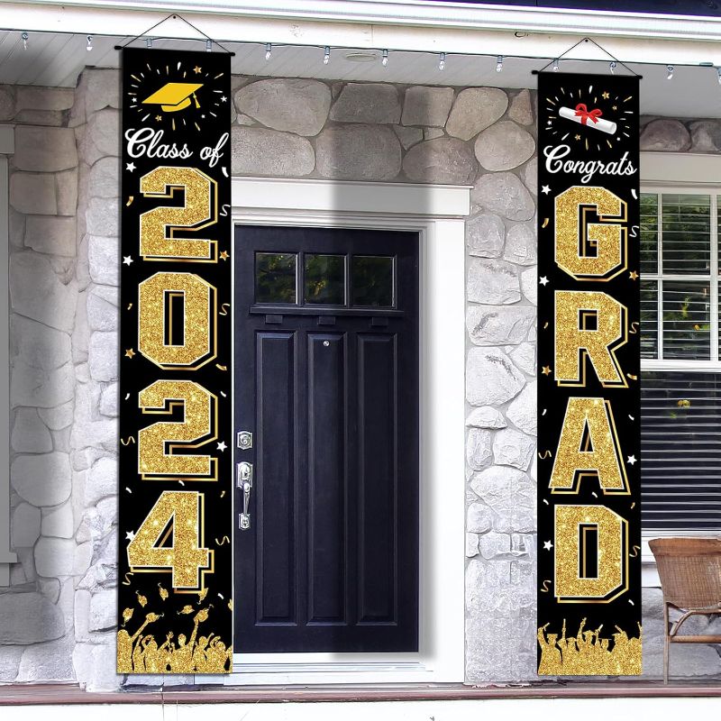 Photo 2 of 3pk-Graduation Banner, Graduation Decorations Class of 2024, Hanging Congratulations Banner/Congrats Grad Banner for Door and Porch, Graduation Party Decorations - Black