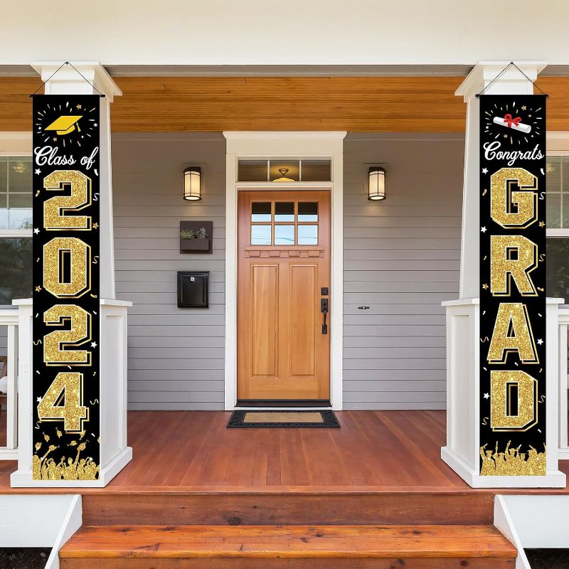 Photo 1 of 3pk-Graduation Banner, Graduation Decorations Class of 2024, Hanging Congratulations Banner/Congrats Grad Banner for Door and Porch, Graduation Party Decorations - Black
