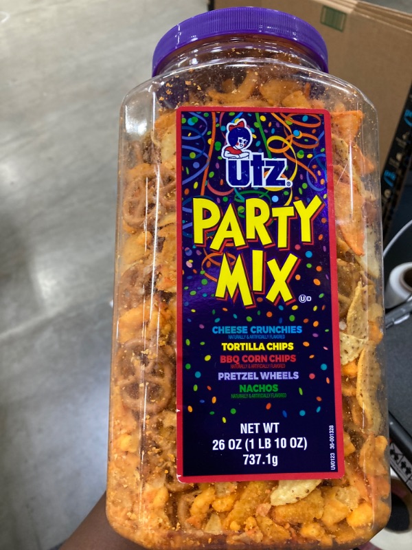 Photo 2 of 2 tubes- Utz Party Mix - 26 Ounce Barrel - Tasty Snack Mix Includes Corn/Nacho Tortillas, Pretzels, BBQ Corn Chips and Cheese Curls, Easy and Quick Party Snacks, Cholesterol Free and Trans-Fat Free 1.63 Pound (Pack of 1) Party Mix - 26 Ounce