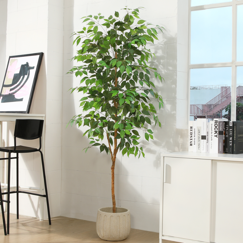 Photo 1 of 6FT Artificial Ficus Tree with Natural Wood Trunk and Lifelike Leaves, Silk Fake Potted Tree with Wood Branches, Faux Tree for Office Home Decor
