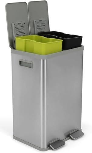 Photo 1 of 40 Liter Rectangular Hands-Free Dual Compartment Recycling Kitchen Step Trash Can with Soft-Close Lid, Brushed Stainless Steel (2 X 20L Capacity)
