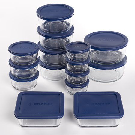 Photo 1 of Anchor Hocking Clear Glass Storage 30 Piece Set with Navy Lids
