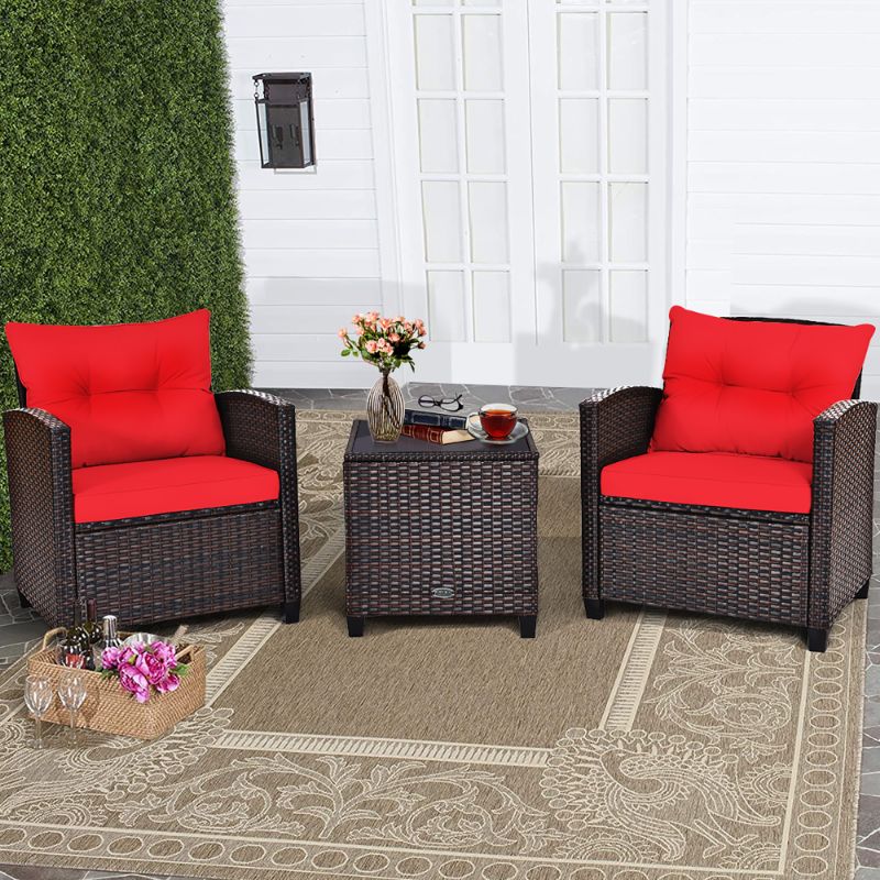 Photo 1 of Costway 3PCS Patio Rattan Furniture Set Cushioned Conversation Set Sofa Coffee Table Red
