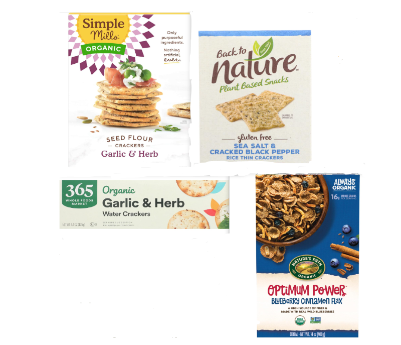 Photo 1 of *17*-Simple Mills, Organic Seed Flour Crackers, Garlic & Herb, 4.25 Oz, *6*-Back To Nature Gluten Free Thin Rice Crackers Sea Salt & Cracked Black Pepper,*1*65 by Whole Foods Market, Organic Garlic And Herb Water Crackers,*1* Organic OPTIMUM Breakfast Cer