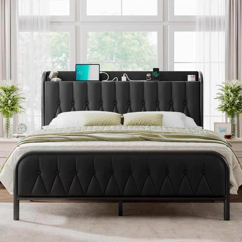 Photo 1 of *UNNOWKN IF ITS THIS EXACLY*Feonase Leather Queen Bed Frame with Fast Charging Station,Queen Size Metal Platform Beds with Upholstered Headboard & Footboard,12" Underbed Storage Space,Easy Assembly,Noise-Free,Black